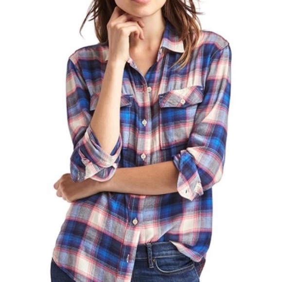 Pendleton Tops - Gap + Pendleton Pink Blue Plaid Rayon Button Down Shirt Large